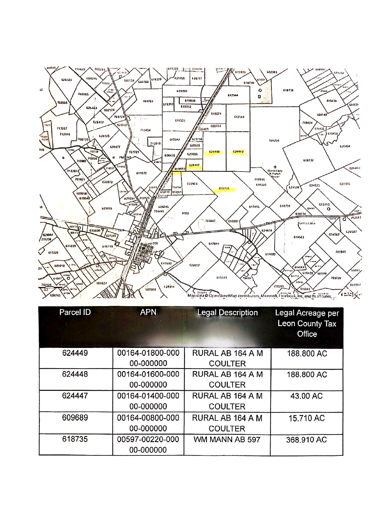 Plat map and parcel table from the Crusoe application listing five parcel IDs, legal descriptions, and acreage totaling about 805 acres