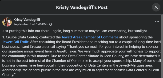 Screenshot of Kristy Vandegriff's September 5 Facebook post describing Crusoe's sponsorship offer and the Chamber's decision to decline it